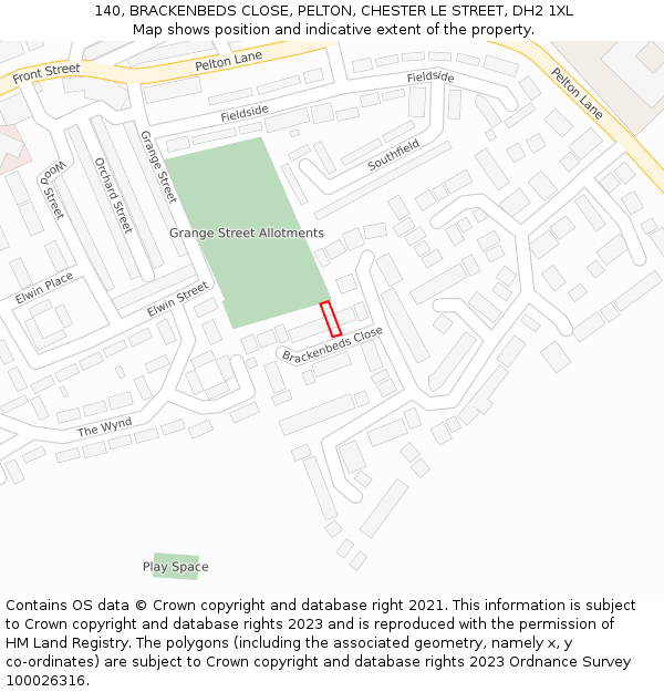 140, BRACKENBEDS CLOSE, PELTON, CHESTER LE STREET, DH2 1XL: Location map and indicative extent of plot