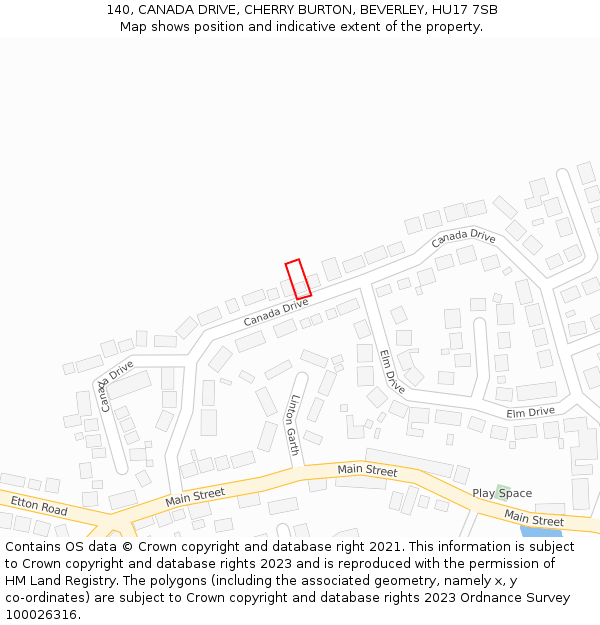140, CANADA DRIVE, CHERRY BURTON, BEVERLEY, HU17 7SB: Location map and indicative extent of plot