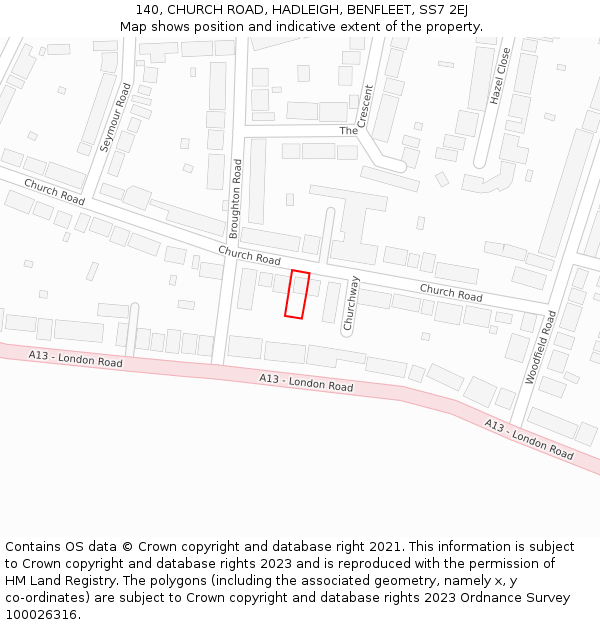 140, CHURCH ROAD, HADLEIGH, BENFLEET, SS7 2EJ: Location map and indicative extent of plot