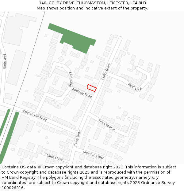 140, COLBY DRIVE, THURMASTON, LEICESTER, LE4 8LB: Location map and indicative extent of plot