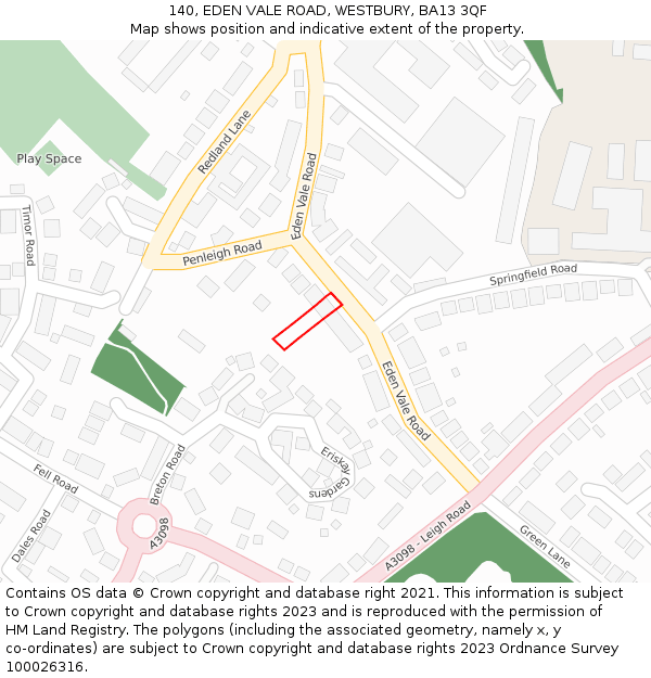 140, EDEN VALE ROAD, WESTBURY, BA13 3QF: Location map and indicative extent of plot