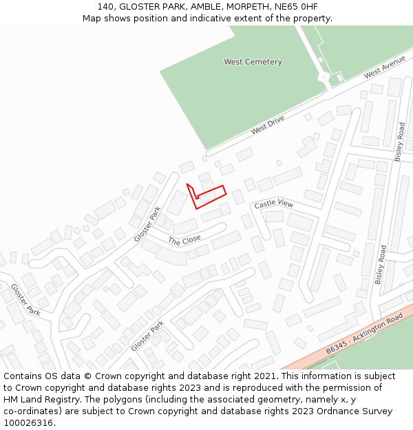 140, GLOSTER PARK, AMBLE, MORPETH, NE65 0HF: Location map and indicative extent of plot
