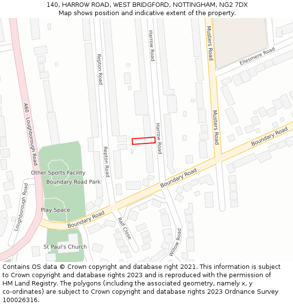 140, HARROW ROAD, WEST BRIDGFORD, NOTTINGHAM, NG2 7DX: Location map and indicative extent of plot