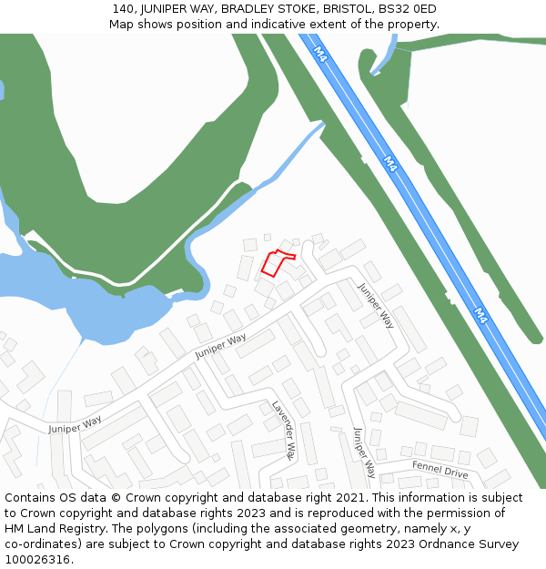 140, JUNIPER WAY, BRADLEY STOKE, BRISTOL, BS32 0ED: Location map and indicative extent of plot