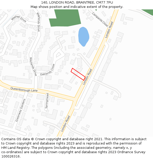 140, LONDON ROAD, BRAINTREE, CM77 7PU: Location map and indicative extent of plot