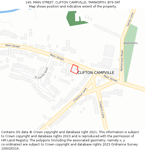 140, MAIN STREET, CLIFTON CAMPVILLE, TAMWORTH, B79 0AT: Location map and indicative extent of plot