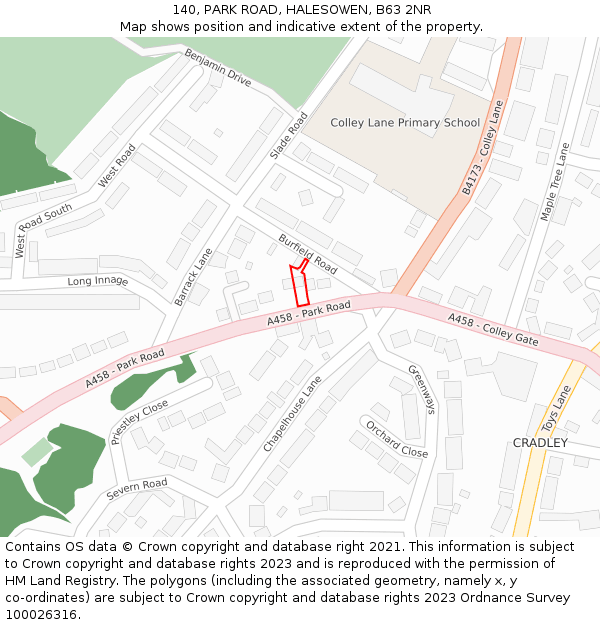 140, PARK ROAD, HALESOWEN, B63 2NR: Location map and indicative extent of plot