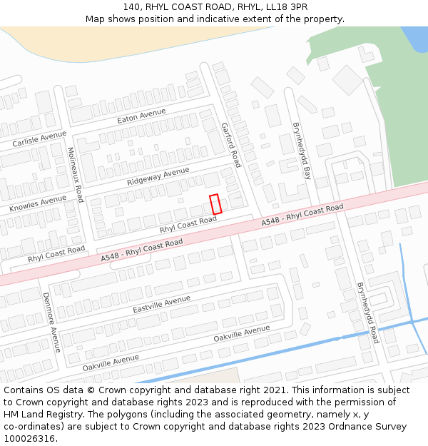 140, RHYL COAST ROAD, RHYL, LL18 3PR: Location map and indicative extent of plot