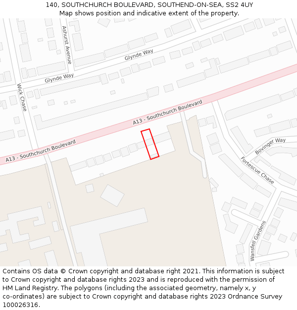 140, SOUTHCHURCH BOULEVARD, SOUTHEND-ON-SEA, SS2 4UY: Location map and indicative extent of plot