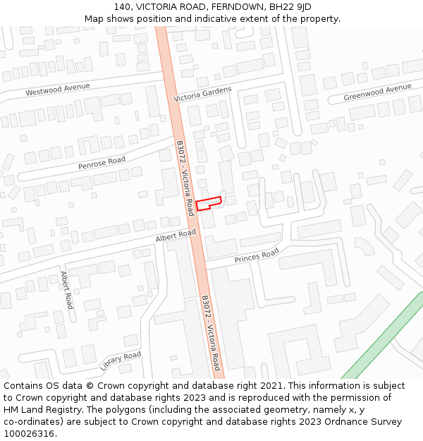 140, VICTORIA ROAD, FERNDOWN, BH22 9JD: Location map and indicative extent of plot