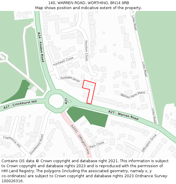 140, WARREN ROAD, WORTHING, BN14 9RB: Location map and indicative extent of plot