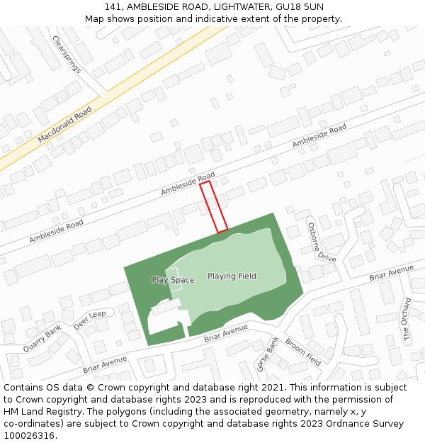 141, AMBLESIDE ROAD, LIGHTWATER, GU18 5UN: Location map and indicative extent of plot