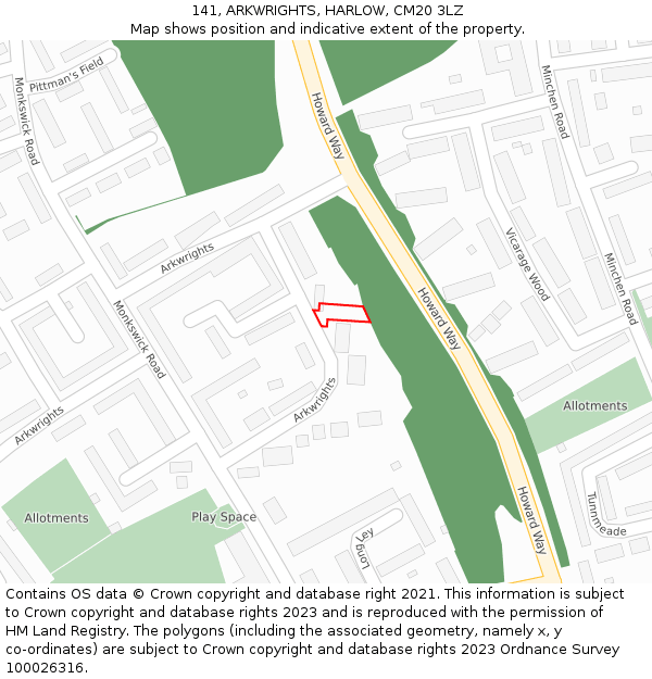 141, ARKWRIGHTS, HARLOW, CM20 3LZ: Location map and indicative extent of plot