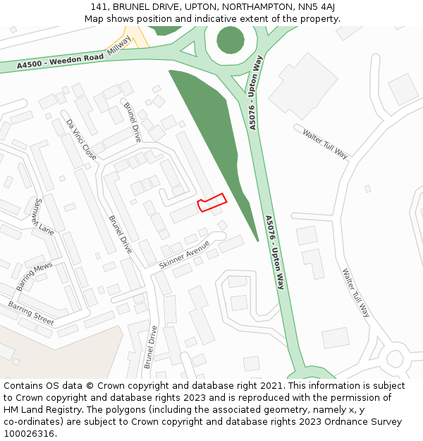 141, BRUNEL DRIVE, UPTON, NORTHAMPTON, NN5 4AJ: Location map and indicative extent of plot