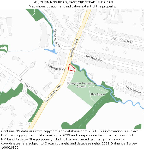 141, DUNNINGS ROAD, EAST GRINSTEAD, RH19 4AS: Location map and indicative extent of plot