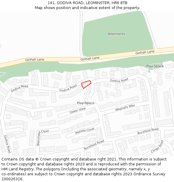 141, GODIVA ROAD, LEOMINSTER, HR6 8TB: Location map and indicative extent of plot