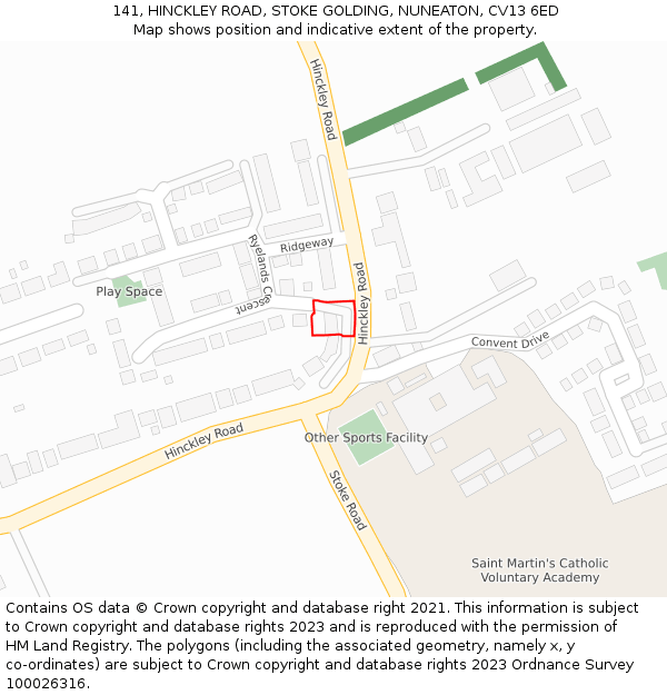 141, HINCKLEY ROAD, STOKE GOLDING, NUNEATON, CV13 6ED: Location map and indicative extent of plot