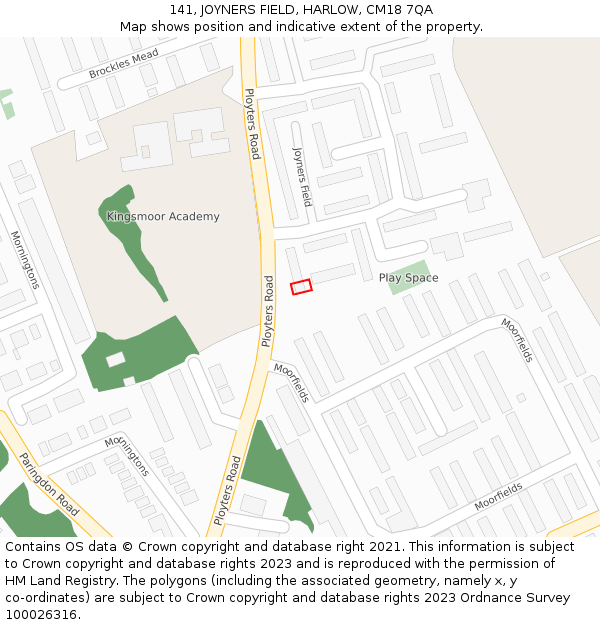 141, JOYNERS FIELD, HARLOW, CM18 7QA: Location map and indicative extent of plot