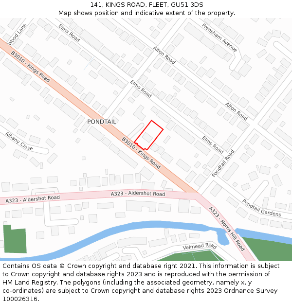 141, KINGS ROAD, FLEET, GU51 3DS: Location map and indicative extent of plot