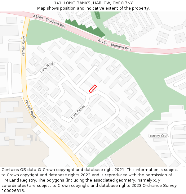 141, LONG BANKS, HARLOW, CM18 7NY: Location map and indicative extent of plot