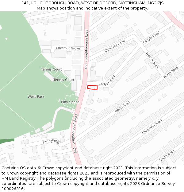 141, LOUGHBOROUGH ROAD, WEST BRIDGFORD, NOTTINGHAM, NG2 7JS: Location map and indicative extent of plot