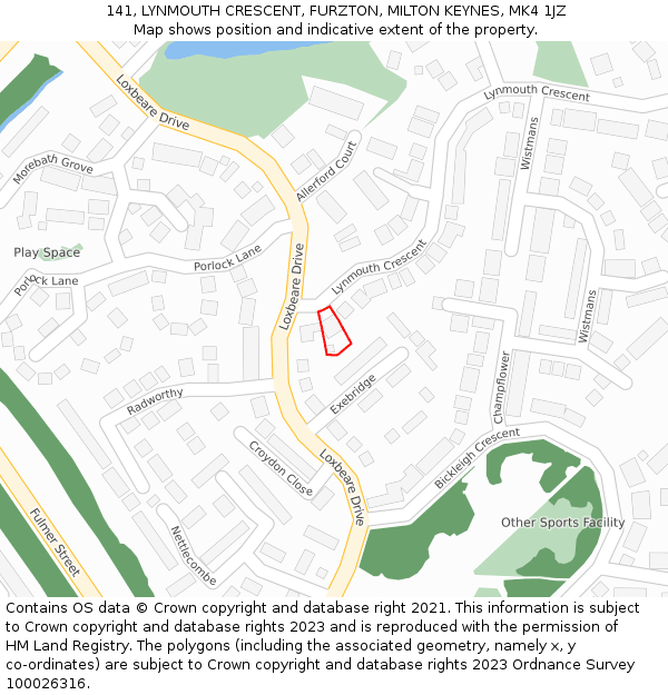 141, LYNMOUTH CRESCENT, FURZTON, MILTON KEYNES, MK4 1JZ: Location map and indicative extent of plot