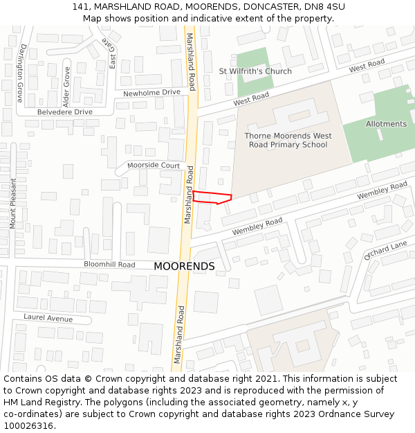 141, MARSHLAND ROAD, MOORENDS, DONCASTER, DN8 4SU: Location map and indicative extent of plot