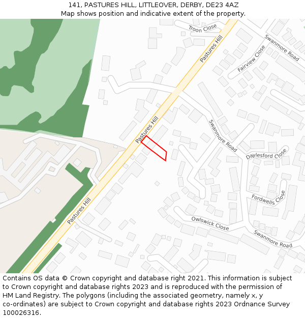 141, PASTURES HILL, LITTLEOVER, DERBY, DE23 4AZ: Location map and indicative extent of plot