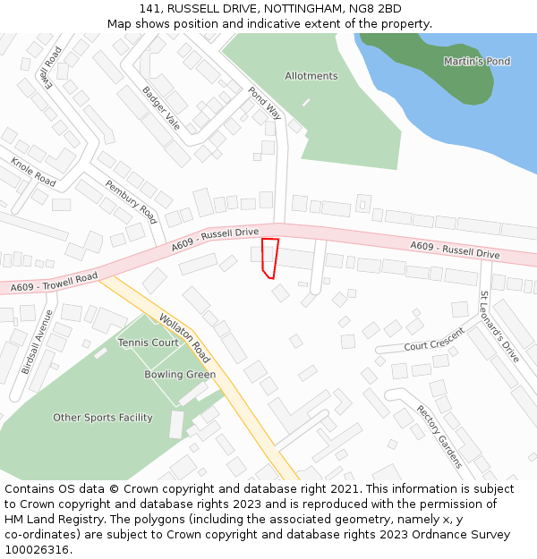 141, RUSSELL DRIVE, NOTTINGHAM, NG8 2BD: Location map and indicative extent of plot