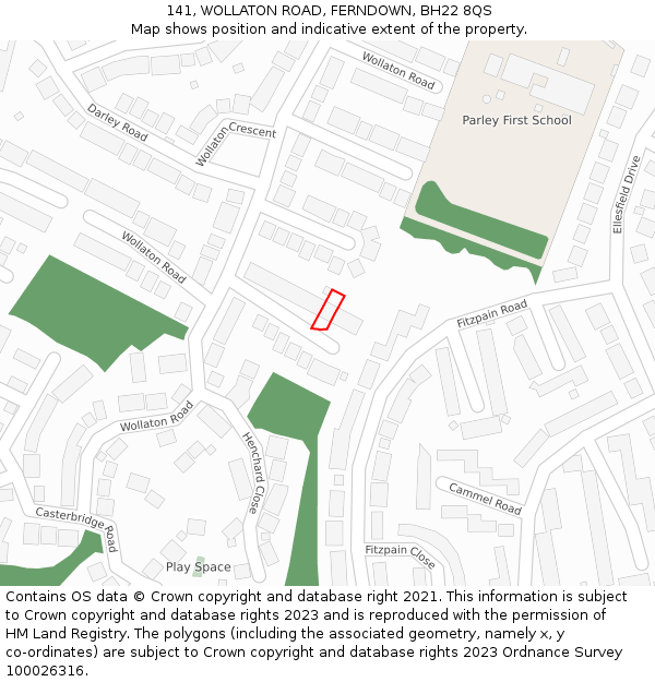 141, WOLLATON ROAD, FERNDOWN, BH22 8QS: Location map and indicative extent of plot