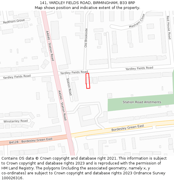 141, YARDLEY FIELDS ROAD, BIRMINGHAM, B33 8RP: Location map and indicative extent of plot