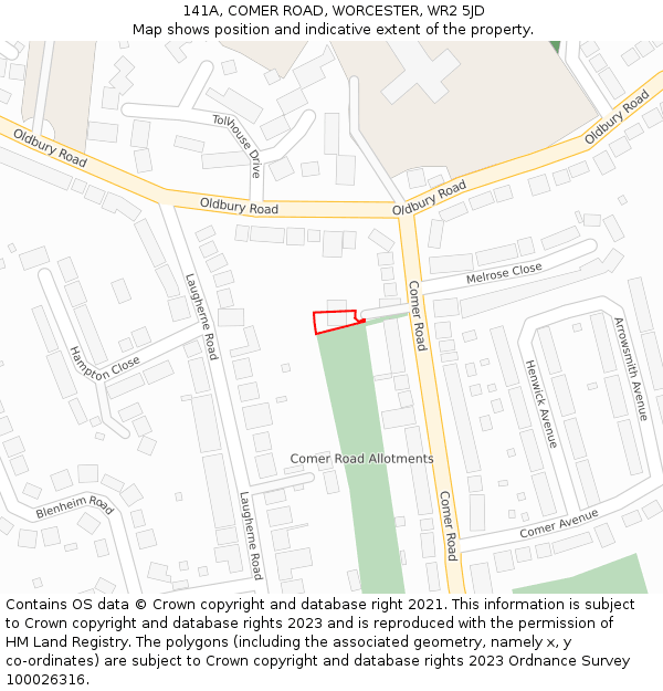 141A, COMER ROAD, WORCESTER, WR2 5JD: Location map and indicative extent of plot