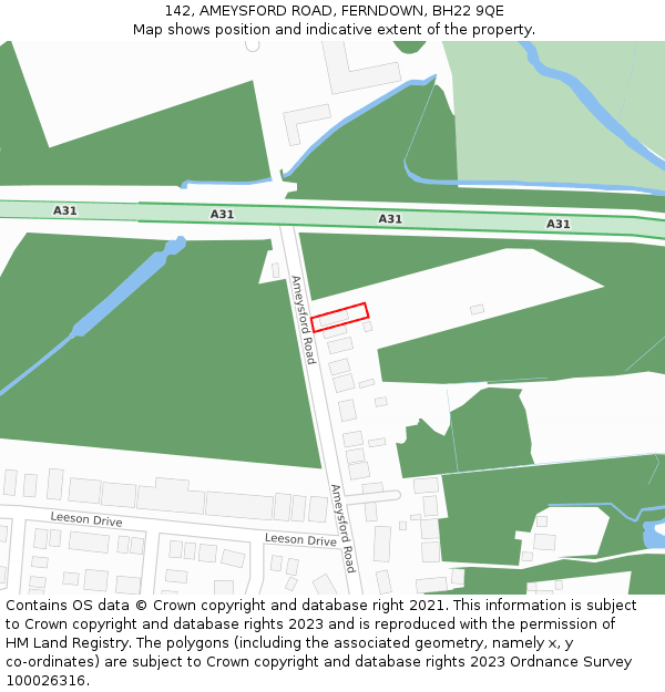 142, AMEYSFORD ROAD, FERNDOWN, BH22 9QE: Location map and indicative extent of plot