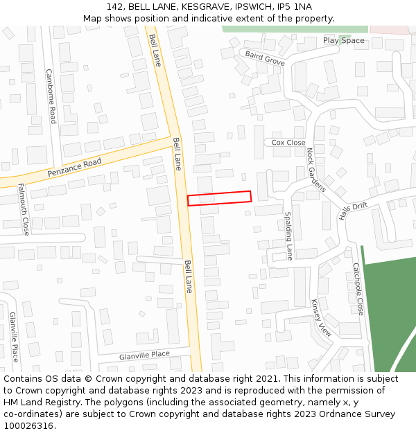 142, BELL LANE, KESGRAVE, IPSWICH, IP5 1NA: Location map and indicative extent of plot