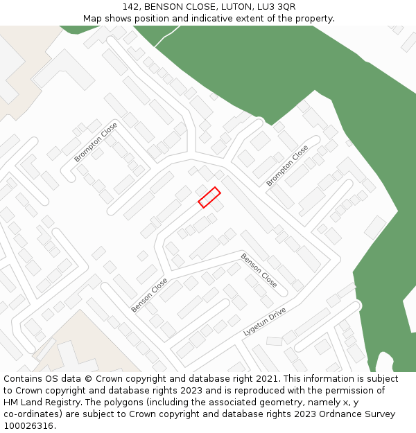 142, BENSON CLOSE, LUTON, LU3 3QR: Location map and indicative extent of plot