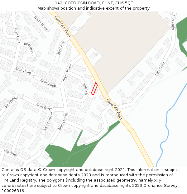 142, COED ONN ROAD, FLINT, CH6 5QE: Location map and indicative extent of plot