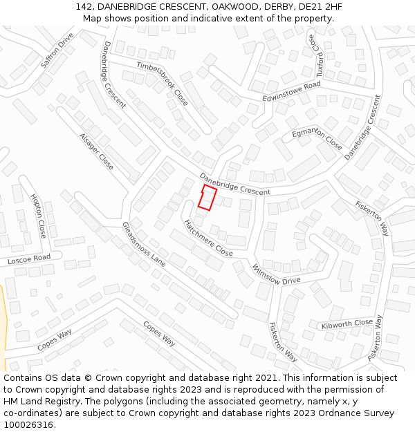 142, DANEBRIDGE CRESCENT, OAKWOOD, DERBY, DE21 2HF: Location map and indicative extent of plot