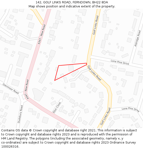 142, GOLF LINKS ROAD, FERNDOWN, BH22 8DA: Location map and indicative extent of plot