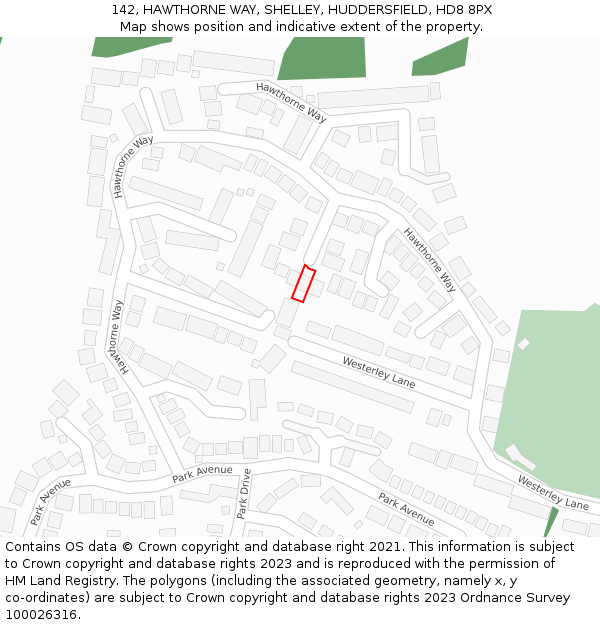 142, HAWTHORNE WAY, SHELLEY, HUDDERSFIELD, HD8 8PX: Location map and indicative extent of plot