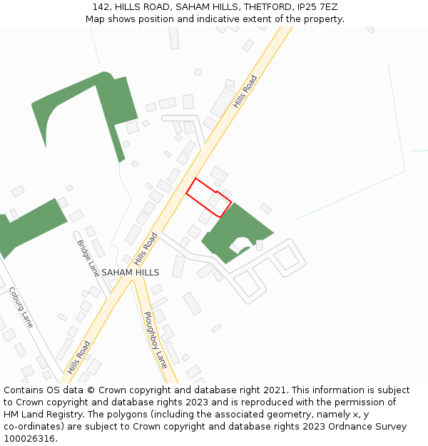 142, HILLS ROAD, SAHAM HILLS, THETFORD, IP25 7EZ: Location map and indicative extent of plot