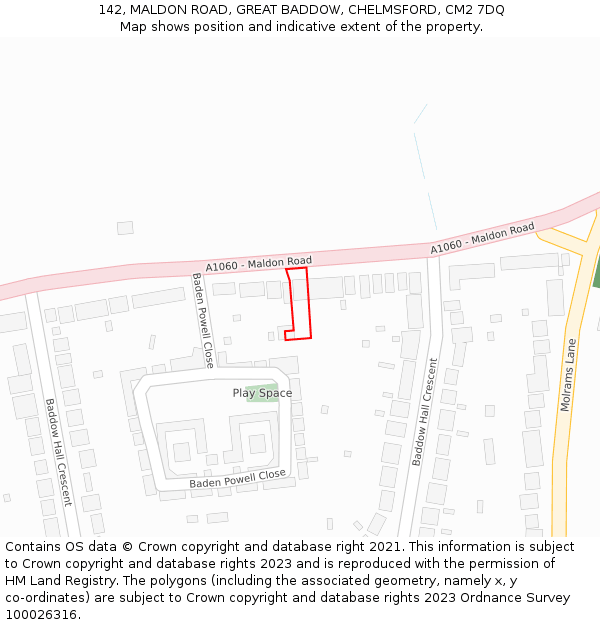 142, MALDON ROAD, GREAT BADDOW, CHELMSFORD, CM2 7DQ: Location map and indicative extent of plot