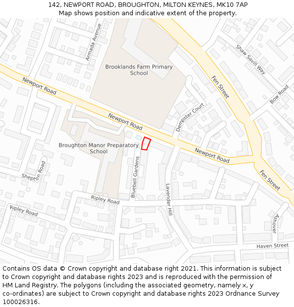 142, NEWPORT ROAD, BROUGHTON, MILTON KEYNES, MK10 7AP: Location map and indicative extent of plot