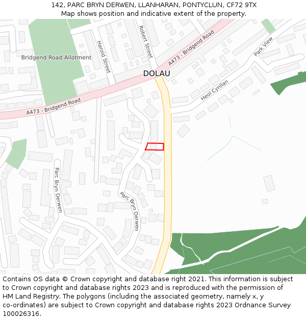 142, PARC BRYN DERWEN, LLANHARAN, PONTYCLUN, CF72 9TX: Location map and indicative extent of plot