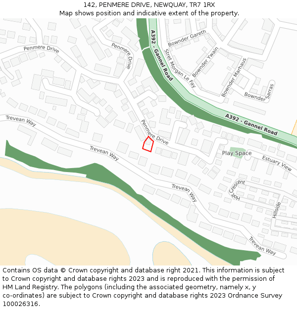 142, PENMERE DRIVE, NEWQUAY, TR7 1RX: Location map and indicative extent of plot