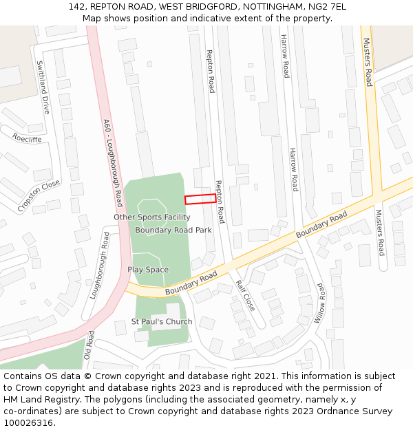 142, REPTON ROAD, WEST BRIDGFORD, NOTTINGHAM, NG2 7EL: Location map and indicative extent of plot