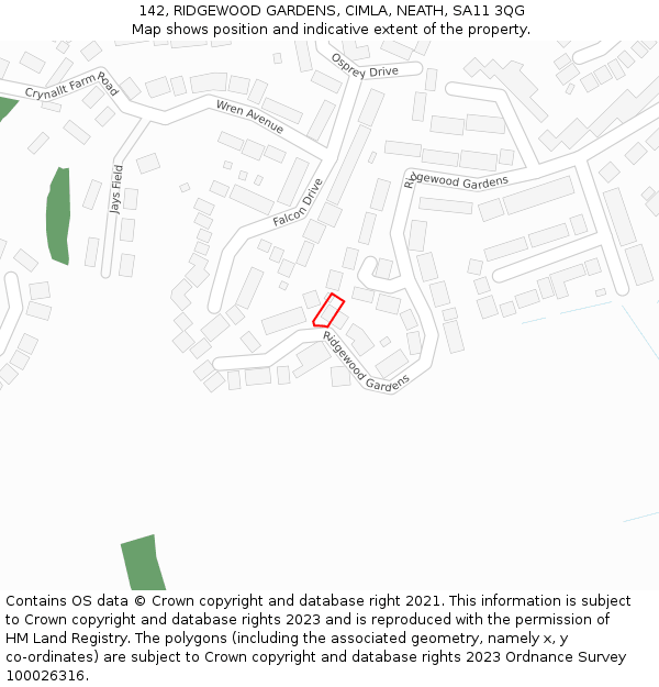 142, RIDGEWOOD GARDENS, CIMLA, NEATH, SA11 3QG: Location map and indicative extent of plot