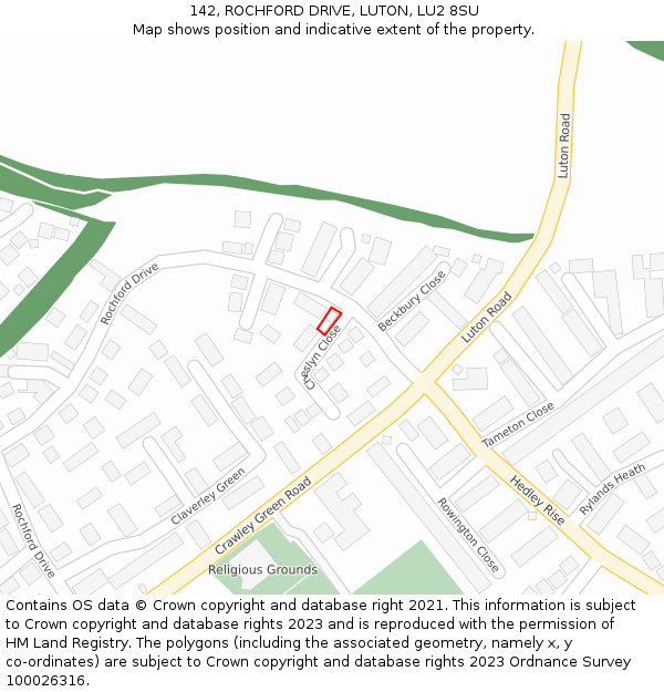 142, ROCHFORD DRIVE, LUTON, LU2 8SU: Location map and indicative extent of plot