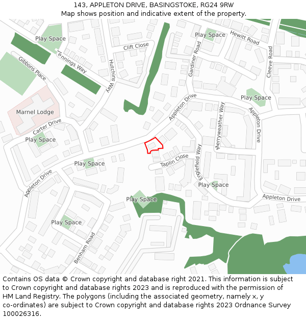143, APPLETON DRIVE, BASINGSTOKE, RG24 9RW: Location map and indicative extent of plot