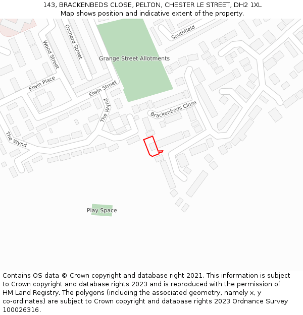 143, BRACKENBEDS CLOSE, PELTON, CHESTER LE STREET, DH2 1XL: Location map and indicative extent of plot