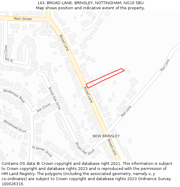 143, BROAD LANE, BRINSLEY, NOTTINGHAM, NG16 5BU: Location map and indicative extent of plot